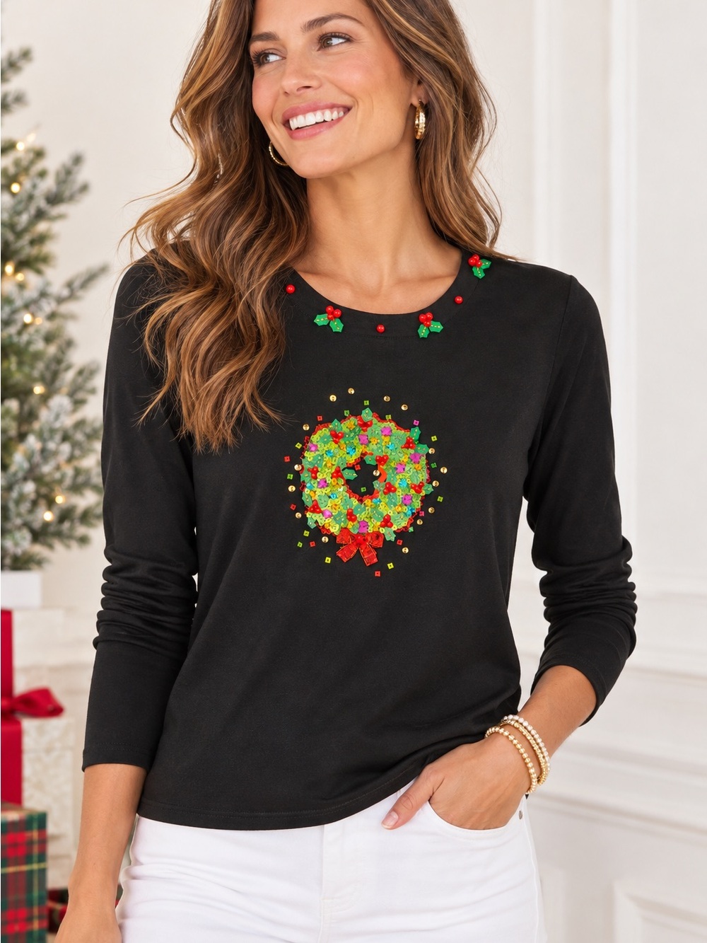 Quacker Factory Christmas Sequin Wreath Long Sleeve Shirt – Size M – 100% Cotton